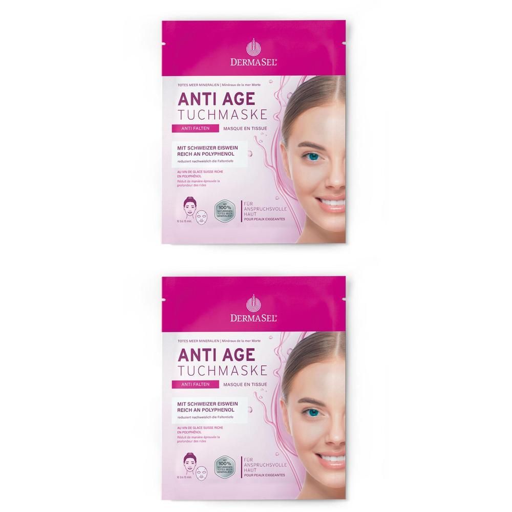 Zwei Packungen der Anti-Age Tuchmaske. Rosa Verpackung mit Produktnamen und Gesicht einer Frau. Marke DERMASEL.
