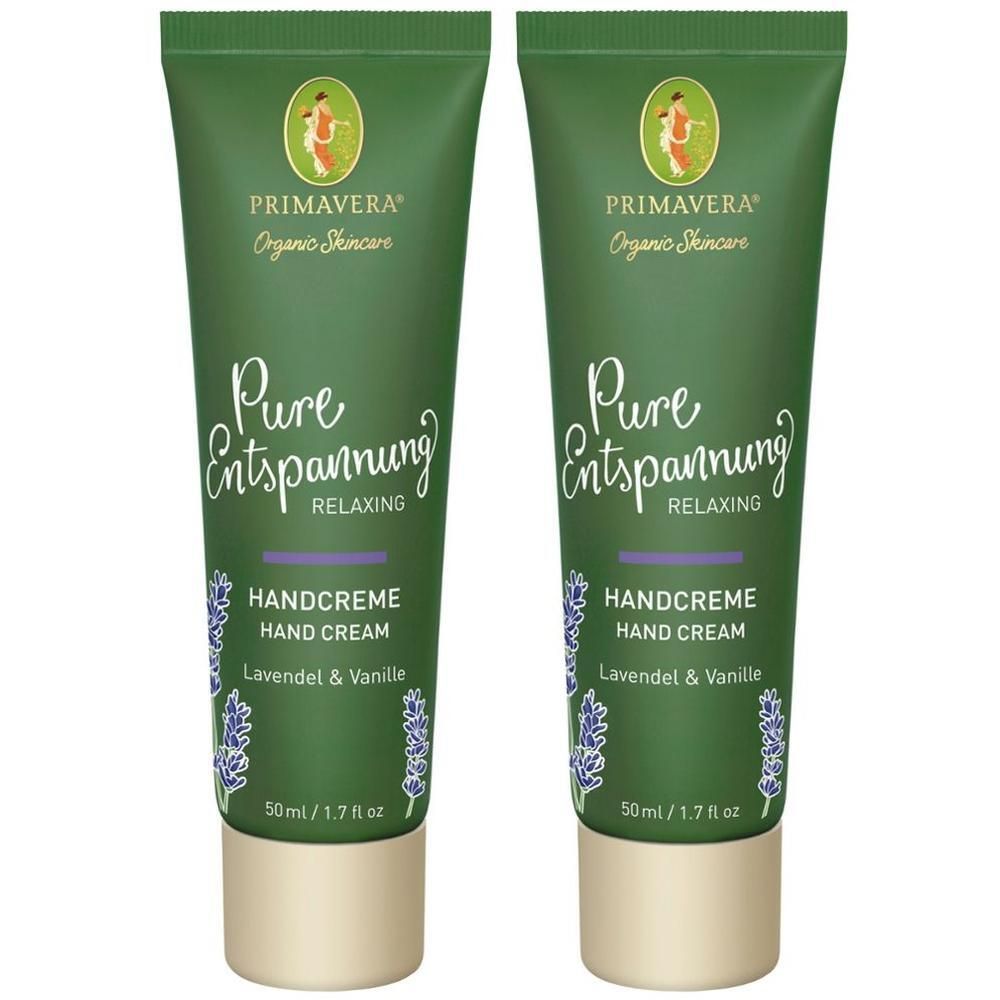 Zwei grüne Handcreme-Tuben mit Aufschrift "Pure Entspannung", Lavendel-Vanille. Marke Primavera, 50ml.