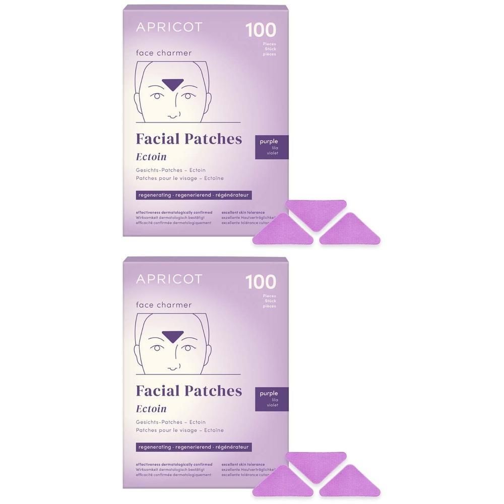 Zwei Packungen APRICOT Facial Patches. Lila Verpackung mit Produktname und 100 Stück. Daneben liegen 6 dreieckige Patches.