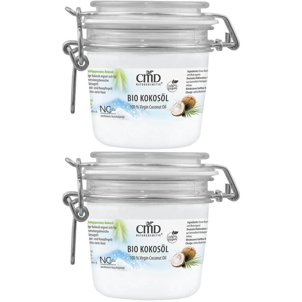 Zwei Gläser Bio Kokosöl mit Bügelverschluss. Aufschrift: CMD Naturkosmetik, Bio Kokosöl, 100% Virgin Coconut Oil.
