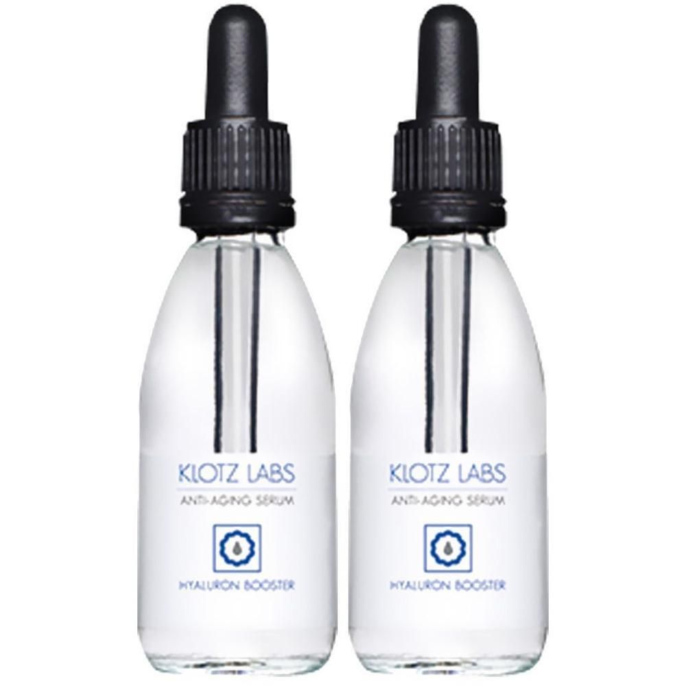 Zwei Flaschen KLOTZ LABS Anti-Aging Serum mit schwarzen Pipetten. Aufschrift: Hyaluron Booster. Klare Flüssigkeit in Glasflaschen.