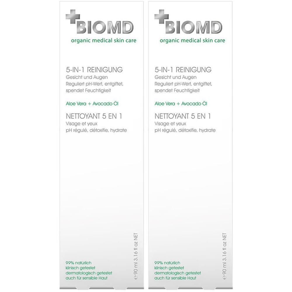 Zwei weiße Verpackungen mit BIOMD-Logo und Text. 5-in-1 Reinigung, Aloe Vera + Avocado Öl. 90 ml.