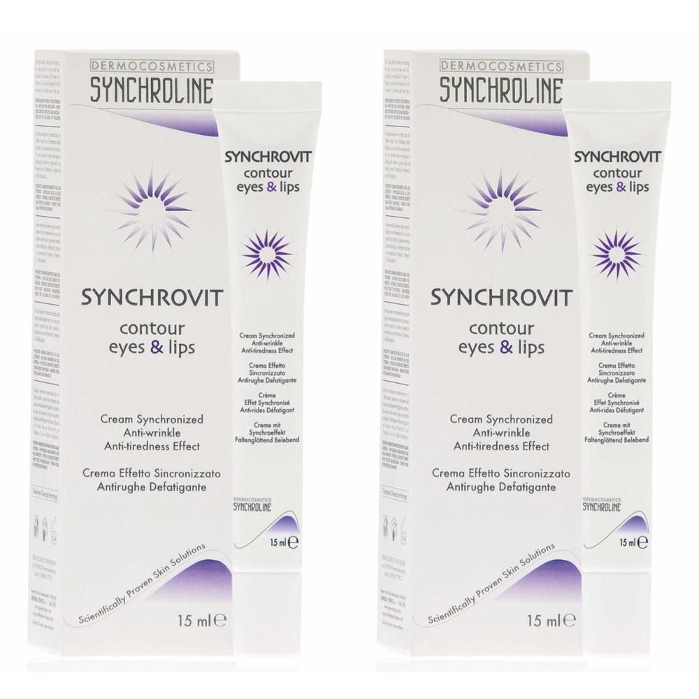 Zwei Packungen und Tuben SYNCHROVIT contour eyes & lips. Weiße Verpackung mit lila Akzenten und Produktnamen.