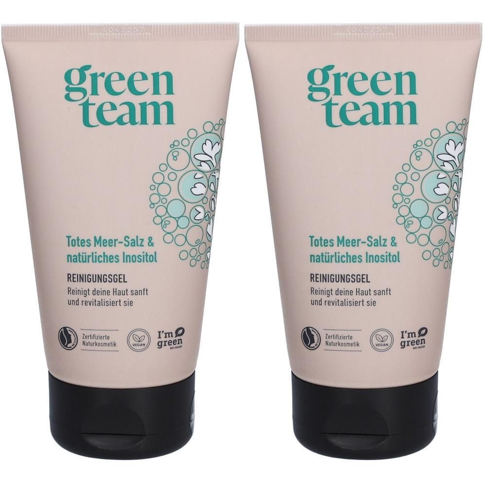 Zwei Tuben Reinigungsgel. Aufschrift: green team, Totes Meer-Salz & natürliches Inositol, REINIGUNGSGEL. Zertifizierte Naturkosmetik.