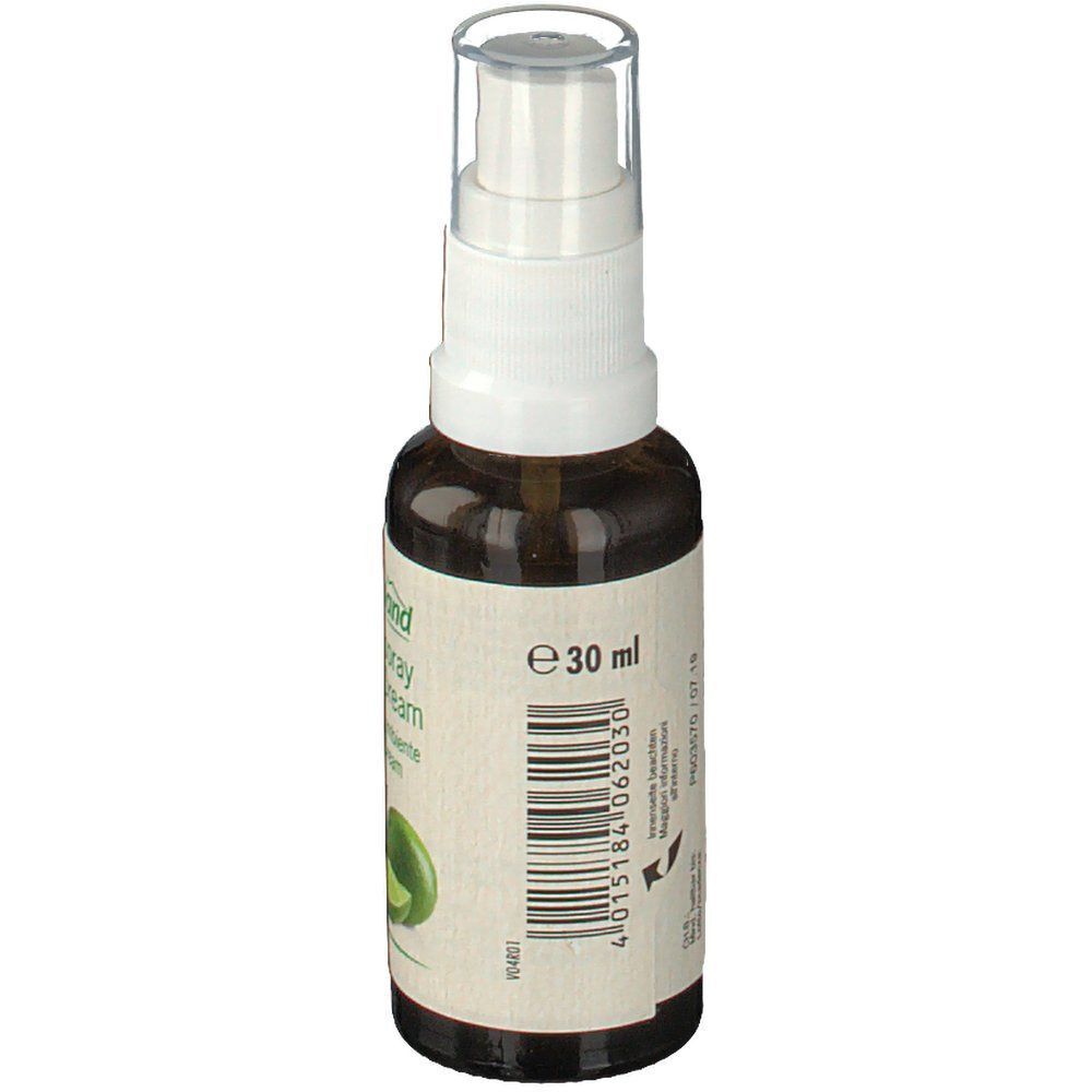 Braune Sprühflasche mit weißem Sprühkopf. Auf dem Etikett steht "Bergland Raumspray Citrus Dream". Volumenangabe: 30 ml.