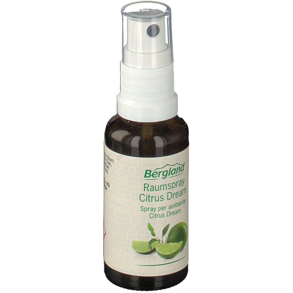 Braune Sprühflasche mit weißem Sprühkopf. Auf dem Etikett steht "Bergland Raumspray Citrus Dream". Abbildung von Limetten.