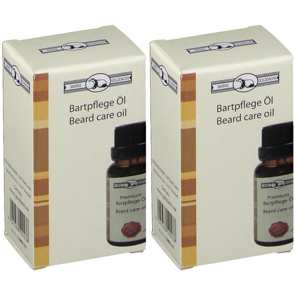 Zwei Kartons mit Bartpflegeöl und Flaschen. Aufschrift: Bartpflege Öl, Beard care oil. Marke GOLDDACHS.