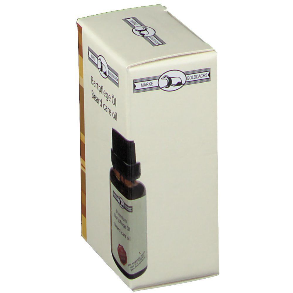 Karton mit Bartpflegeöl und Flasche. Aufschrift: Bartpflege Öl, Beard care oil. Marke GOLDDACHS. Flasche mit schwarzem Deckel.