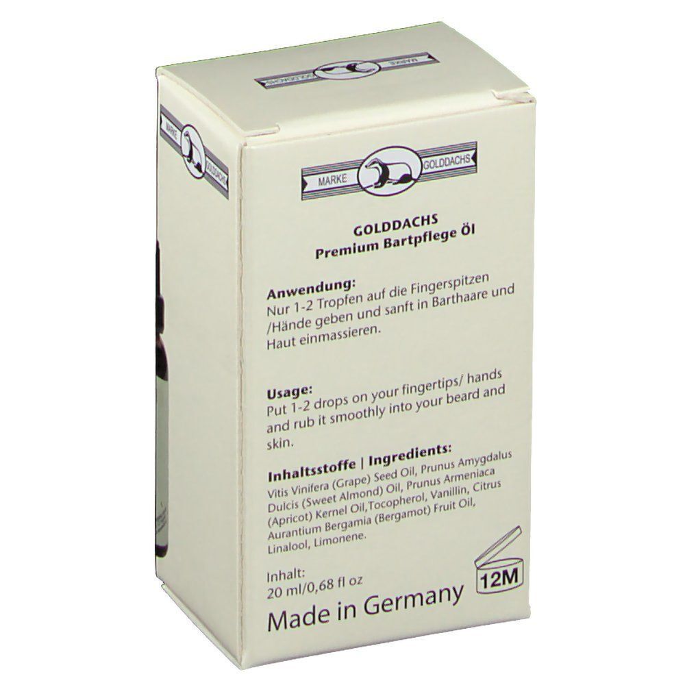 Karton mit Produktinformationen. Aufschrift: GOLDDACHS Premium Bartpflege Öl. Inhaltsstoffe und Anwendung. Made in Germany. 12M-Symbol.