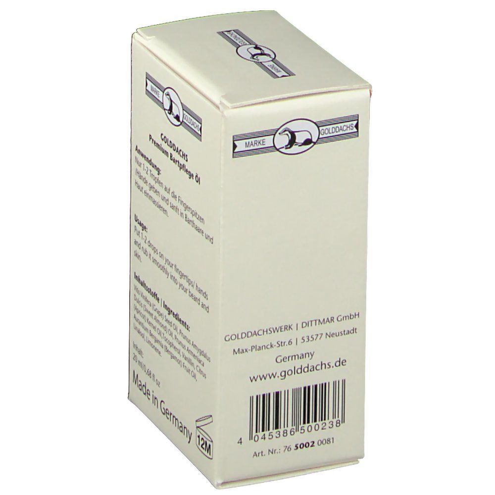 Karton mit Produktinformationen. Aufschrift: GOLDDACHS Premium Bartpflege Öl. Herstelleradresse und Barcode. Made in Germany. 12M-Symbol.