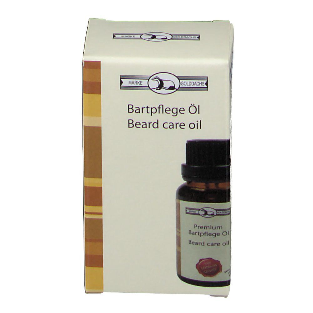 Karton mit Bartpflegeöl und Flasche. Aufschrift: Bartpflege Öl, Beard care oil. Marke GOLDDACHS. Flasche mit schwarzem Deckel.