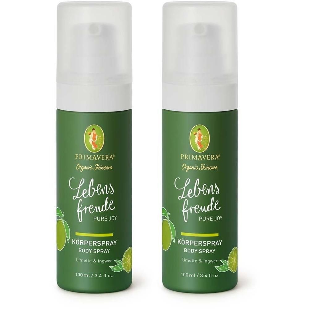 Zwei grüne Körpersprays mit weißem Sprühkopf. Aufschrift: Primavera, Lebensfreude, Körperspray, 100ml.