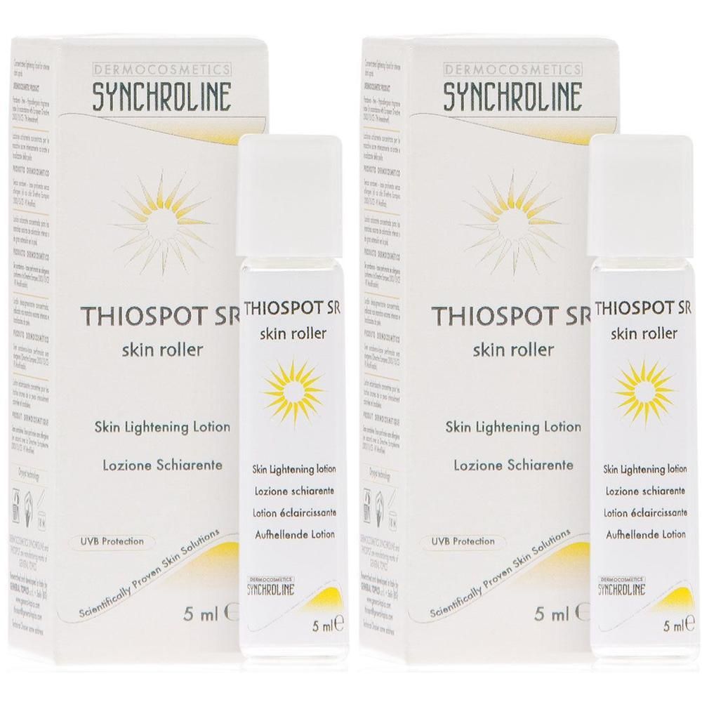Produktverpackung mit zwei Rollern und zwei Schachteln. Aufschrift: SYNCHROLINE, THIOSPOT SR skin roller, Skin Lightening Lotion, 5 ml.
