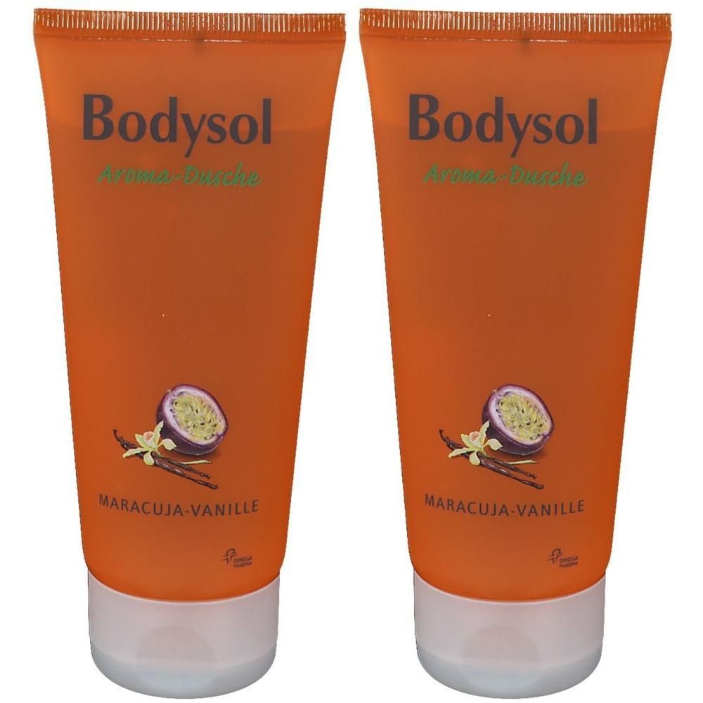Zwei Tuben Bodysol Aromadusche. Orangefarbene Verpackung mit Produktnamen, Maracuja-Vanille-Illustration und weißem Verschluss.