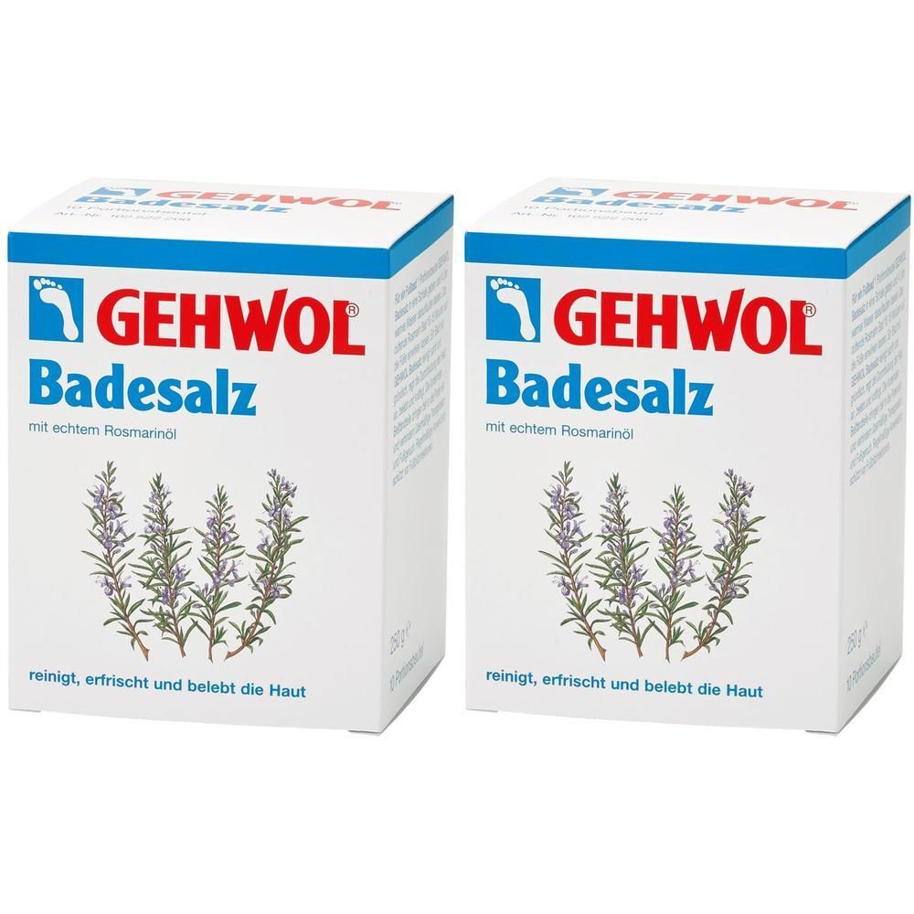 Zwei weiße Kartons mit GEHWOL Badesalz-Logo und Rosmarindekoration. Text: reinigt, erfrischt und belebt die Haut.