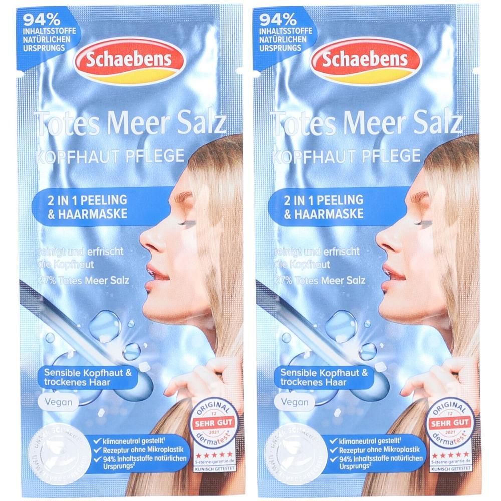 Zwei Beutel Schaebens Totes Meer Salz Haarmaske. Blaue Verpackung mit Frauengesicht. Text: 2 in 1 Peeling & Haarmaske, Vegan.