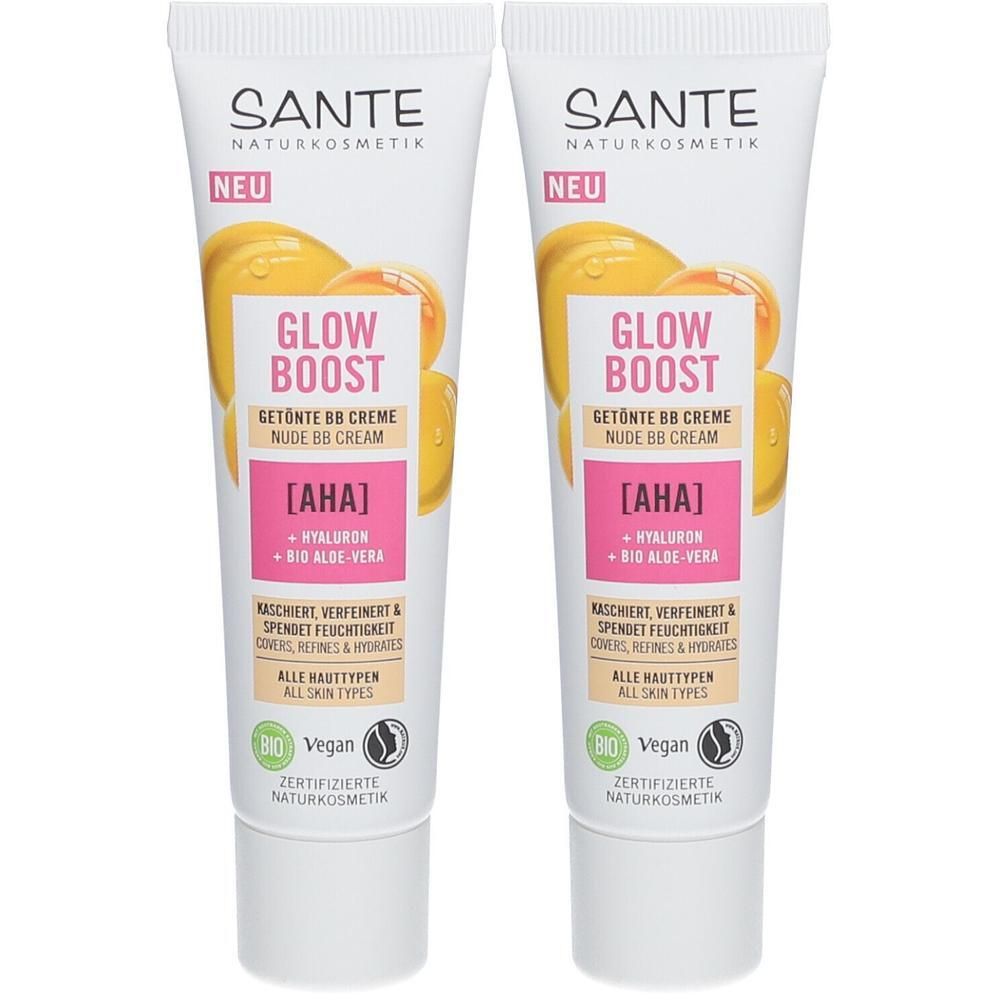 Zwei Tuben Creme. Aufschrift: GLOW BOOST, AHA, Hyaluron, Bio-Aloe Vera. Vegan-Siegel. Zertifizierte Naturkosmetik.