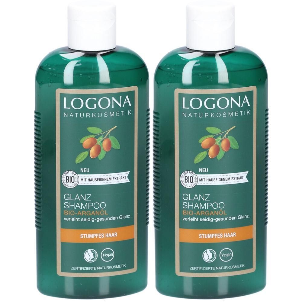 Zwei grüne Shampoo-Flaschen mit weißen Deckeln. Aufschrift: LOGONA Naturkosmetik, Glanz Shampoo Bio-Arganöl. Vegan-Siegel.