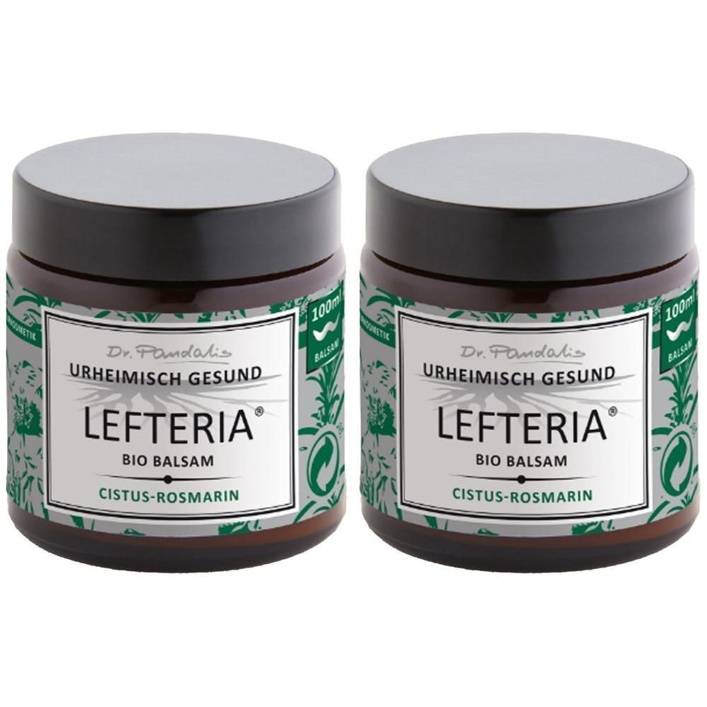 Zwei braune Tiegel mit schwarzem Deckel. Auf den Etiketten steht "LEFTERIA Bio Balsam Cistus-Rosmarin".
