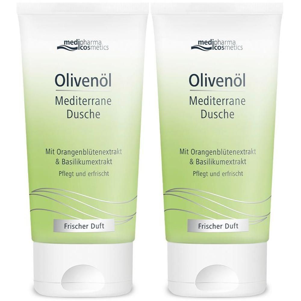 Zwei Tuben Olivenöl Mediterrane Dusche. Weiße Tuben mit grünem Etikett. Text: Olivenöl, Mediterrane Dusche, Frischer Duft.