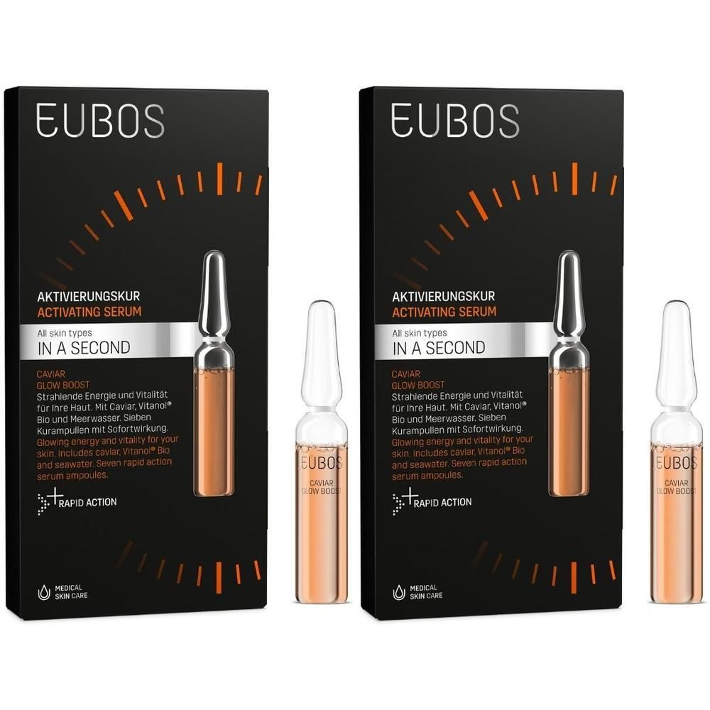 Zwei Packungen EUBOS® IN A SECOND Caviar Glow Boost. Jede Packung enthält eine Ampulle und eine weitere Ampulle daneben.
