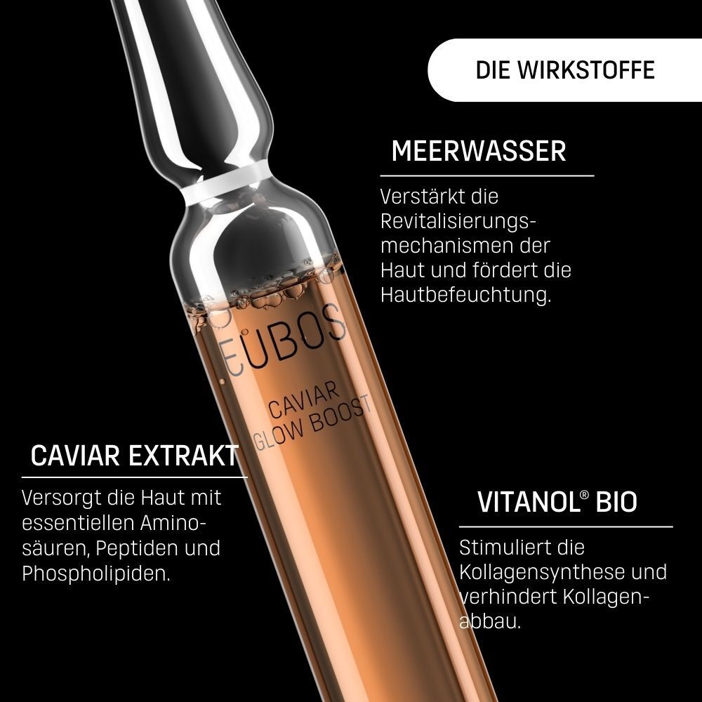 Nahaufnahme einer Ampulle EUBOS® IN A SECOND Caviar Glow Boost. Text: Caviar Extrakt, Meerwasser, Vitanol® Bio. Wirkstoffe.