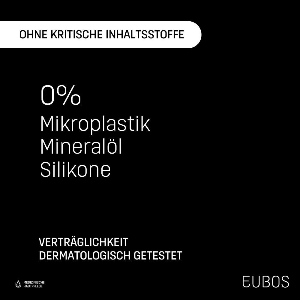 Text: 0% Mikroplastik, Mineralöl, Silikone. Dermatologisch getestet. EUBOS®.