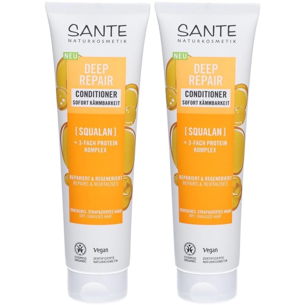 Zwei Tuben Conditioner. Weiße Tuben mit gelben Etiketten. Text: SANTE, DEEP REPAIR CONDITIONER, SQUALAN, Vegan.