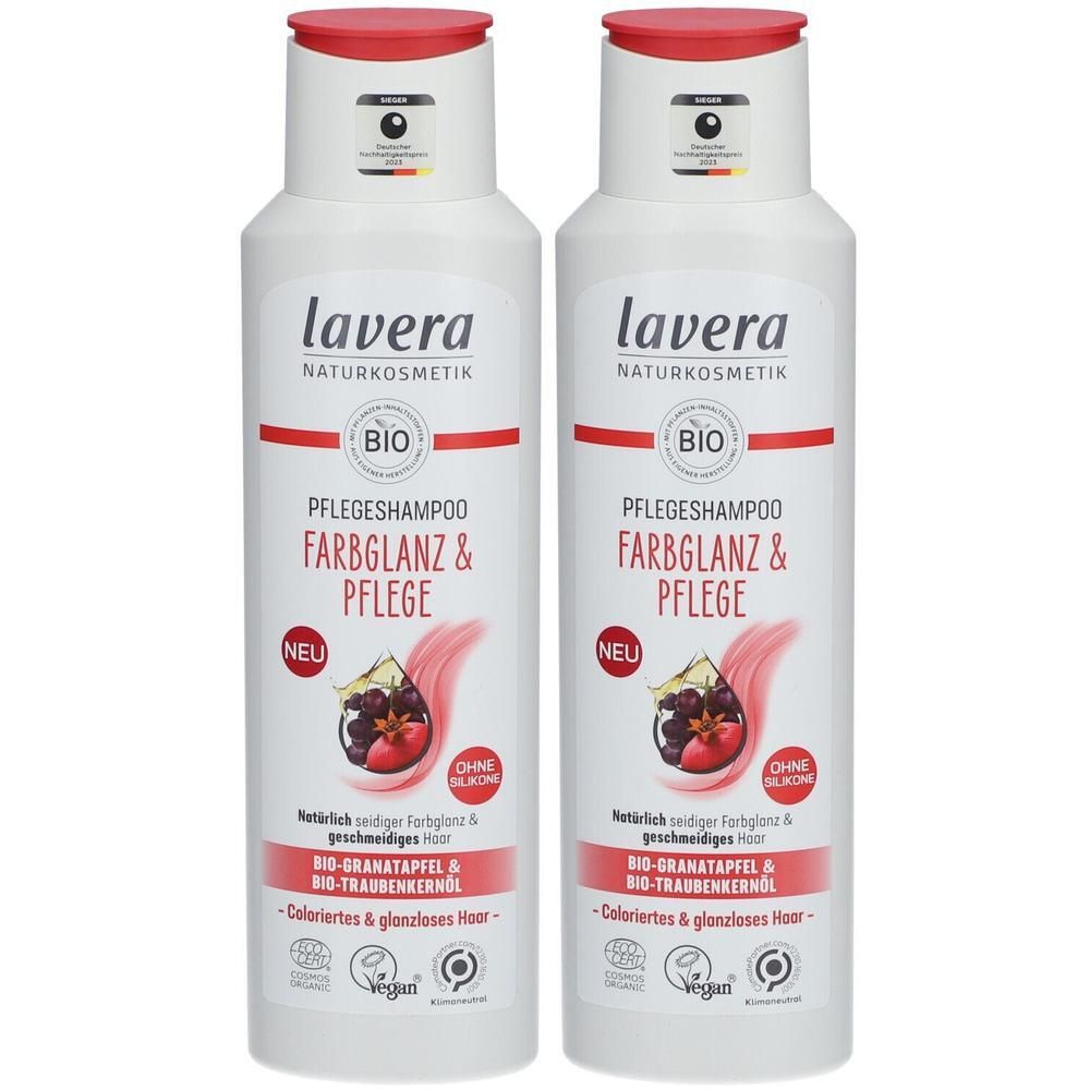 Zwei weiße Flaschen mit rotem Deckel. Aufschrift: lavera NATURKOSMETIK, Pflegeshampoo Farbglanz & Pflege, BIO, Vegan.