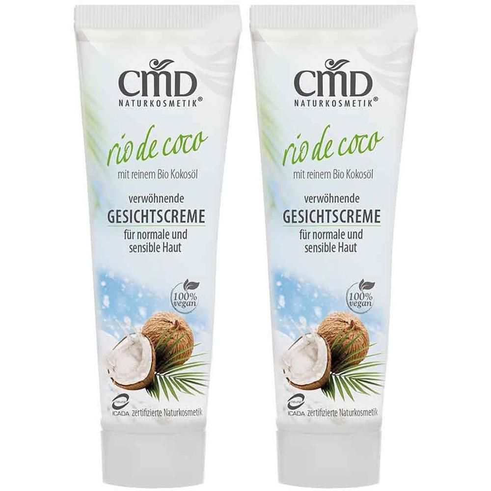 Zwei Tuben Gesichtscreme. Aufschrift: CMD Naturkosmetik, rio de coco, verwöhnende Gesichtscreme für normale und sensible Haut. Mit Kokosöl.