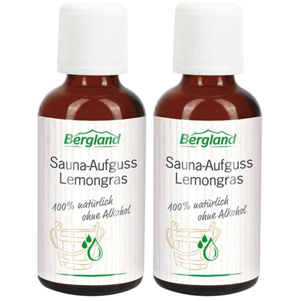 Zwei braune Flaschen mit weißem Etikett. Aufschrift: Bergland Sauna-Aufguss Lemongras, 100% natürlich, ohne Alkohol. Weiße Kappe.