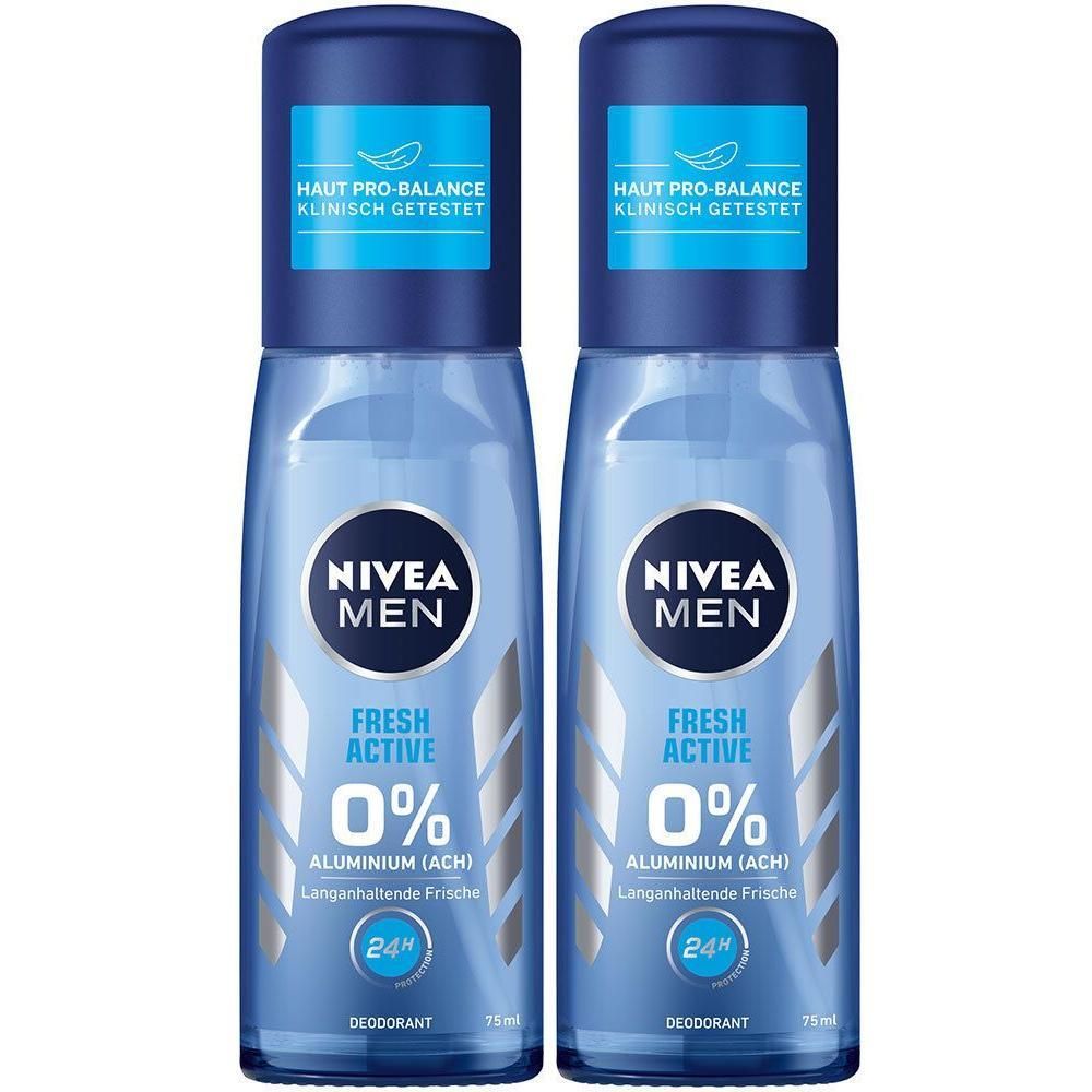 Zwei blaue Deodorant-Sprays. Aufschrift: NIVEA MEN, FRESH ACTIVE, 0% Aluminium, 24h. Mit blauer Kappe und Schriftzug: HAUT PRO-BALANCE, klinisch getestet.