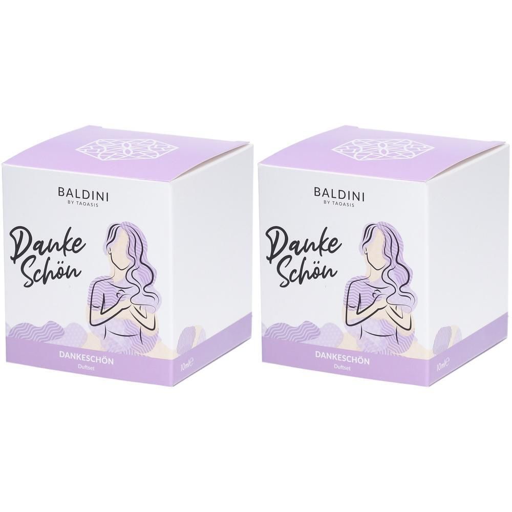 Zwei quadratische Schachteln. Aufschrift "BALDINI" und "Danke Schön". Illustration einer Frau. Lila und weiße Verpackung.