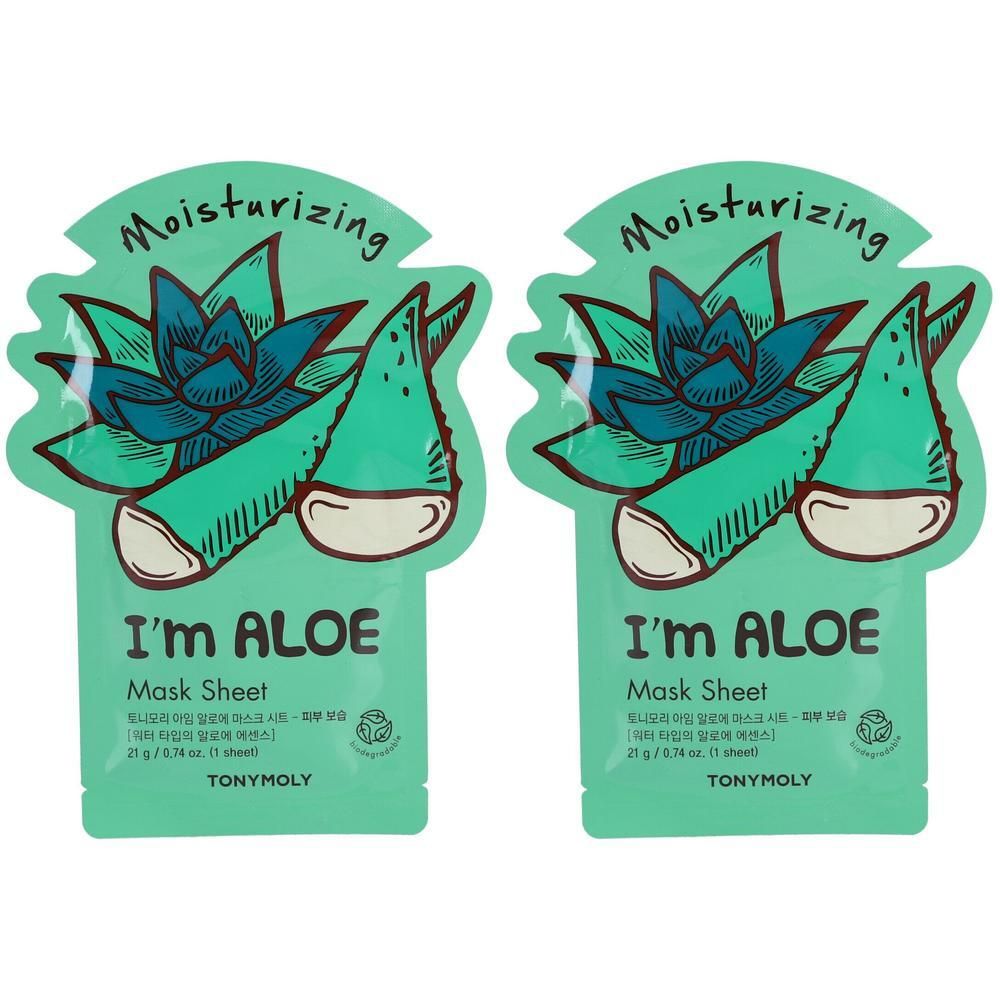 Zwei grüne Maskenpackungen mit Aloe-Vera-Illustrationen. Aufschrift: I'm Aloe Mask Sheet. Marke: TONYMOLY.