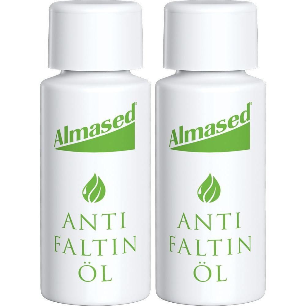 Zwei weiße Flaschen mit grüner Beschriftung. Aufschrift: Almased, Anti Faltin Öl. Weiße Deckel.