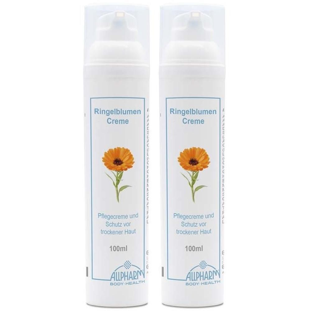 Zwei weiße Cremes mit Pumpverschluss. Aufschrift: Ringelblumen Creme. Abbildung einer Ringelblume. Text: Pflegecreme und Schutz vor trockener Haut.