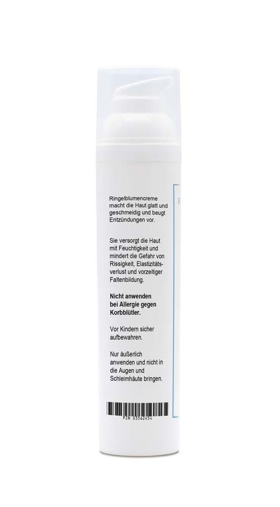 Weiße Creme-Flasche mit Pumpverschluss. Text auf der Rückseite: Informationen zur Anwendung und Inhaltsstoffe. Barcode unten.