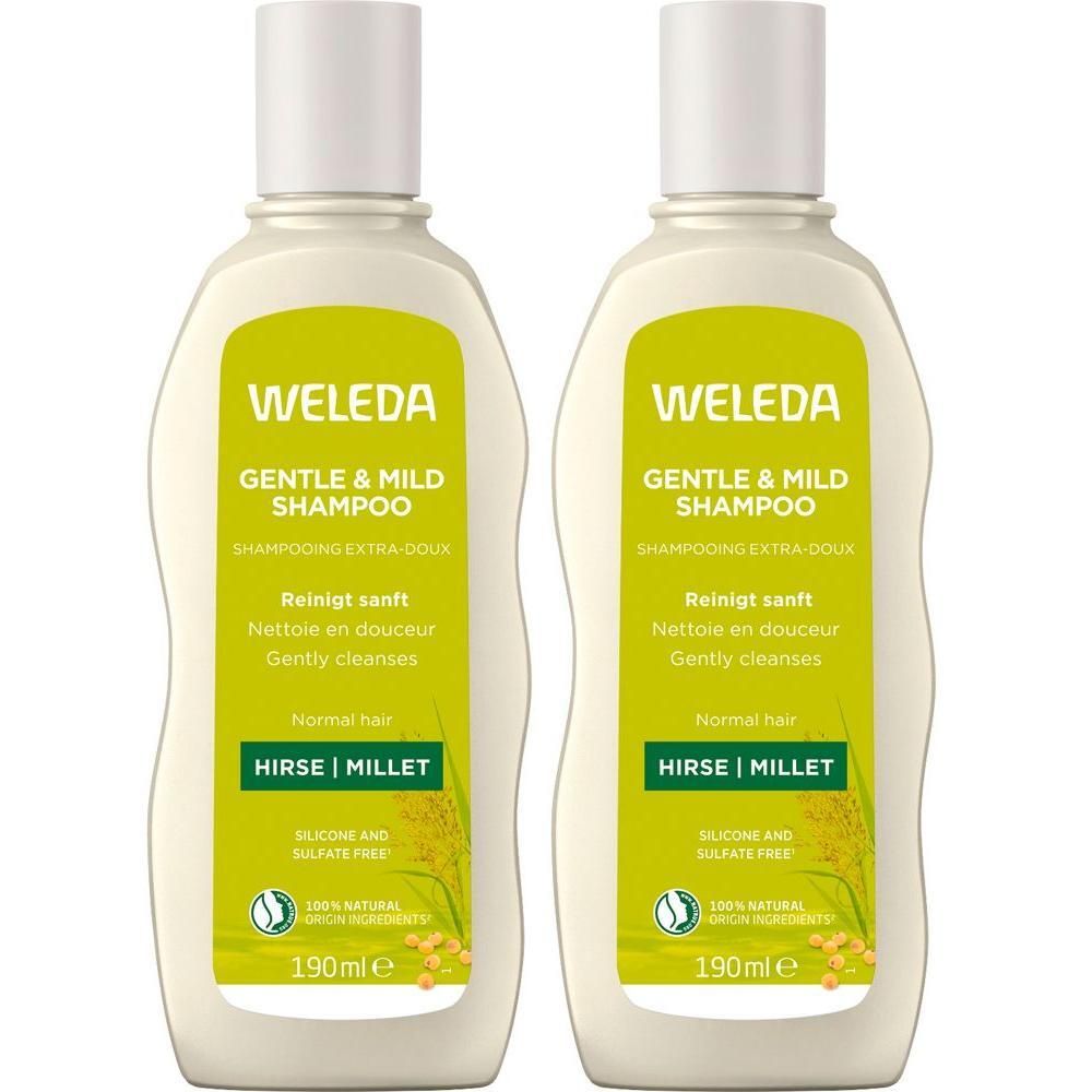 Zwei Flaschen Shampoo mit weißem Deckel. Aufschrift: WELEDA Gentle & Mild Shampoo, Hirse. Grün-gelbes Etikett.