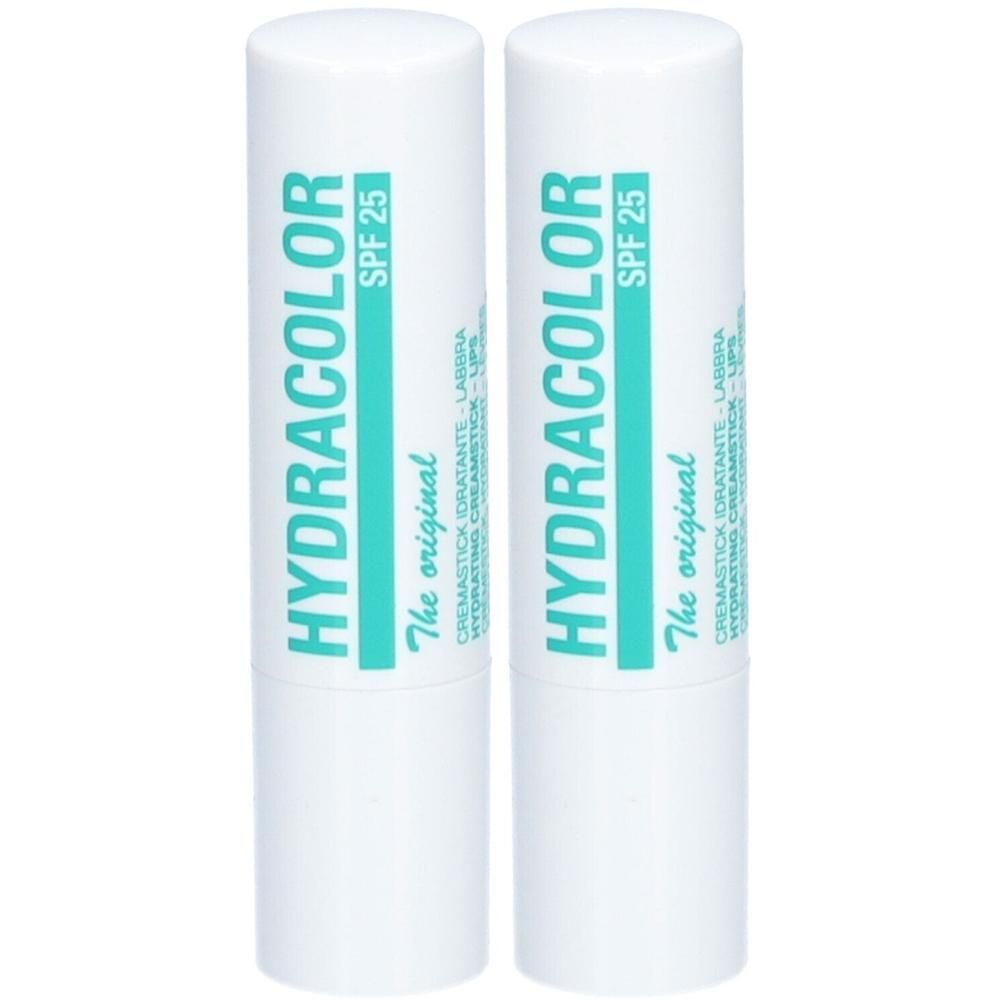 Zwei weiße Lippenpflegestifte mit türkisfarbener Schrift. Aufschrift: HYDRACOLOR, SPF 25, The original. Cremestick.