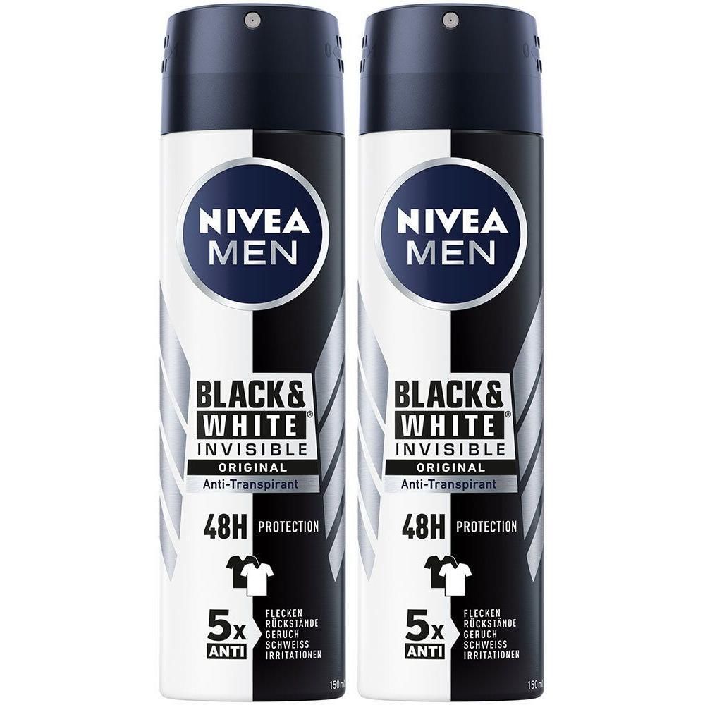 Zwei Deosprays NIVEA MEN Black & White Invisible. Schwarze und weiße Dose mit Logo und Produktinformationen. 48h Schutz.