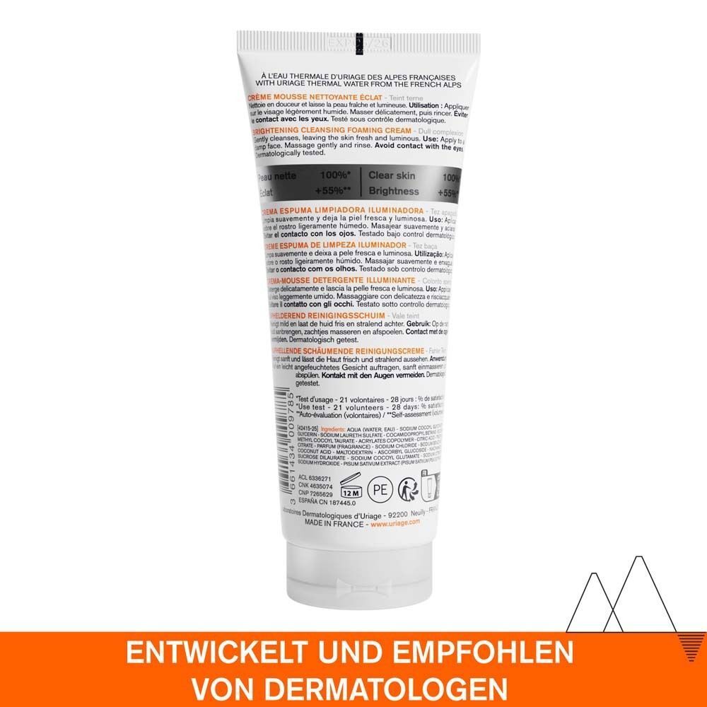 Rückseite der Uriage Dépiderm Reinigungsschaum-Tube. Enthält Informationen und Inhaltsstoffe. Entwickelt und empfohlen von Dermatologen.