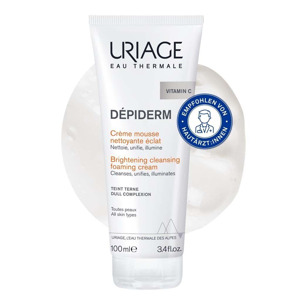 Uriage Dépiderm Reinigungsschaum-Tube. Weiß, mit blauer und orangefarbener Schrift. Dermatologisch getestet.