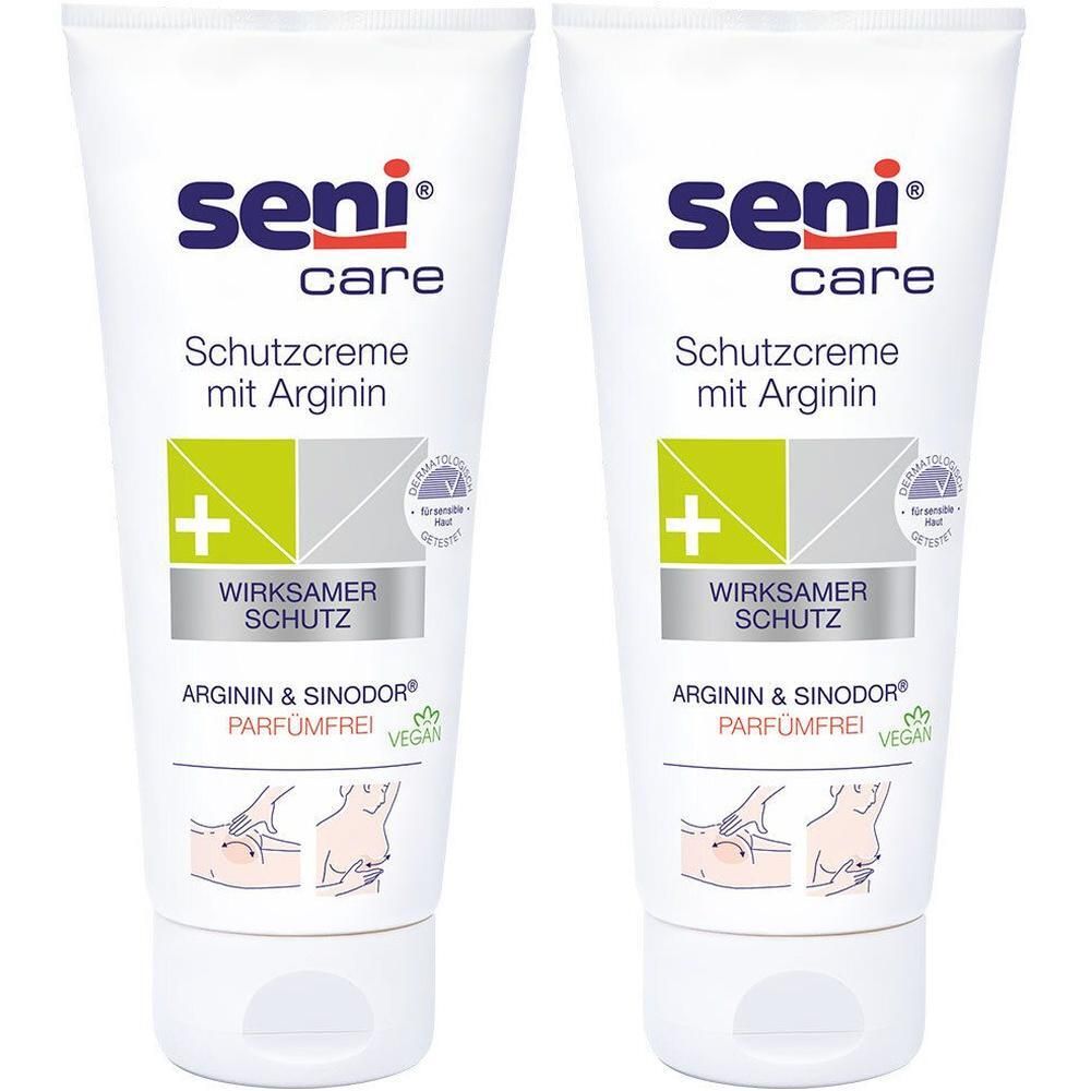 Zwei Tuben Seni Care Hautschutzcreme mit Arginin. Weiße Tuben mit blauer und grüner Beschriftung. Vegan.
