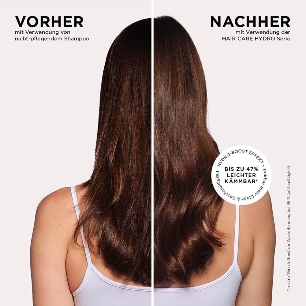 Vorher-Nachher-Vergleich. Links: Haare vor der Anwendung. Rechts: Haare nach der Anwendung. Text.