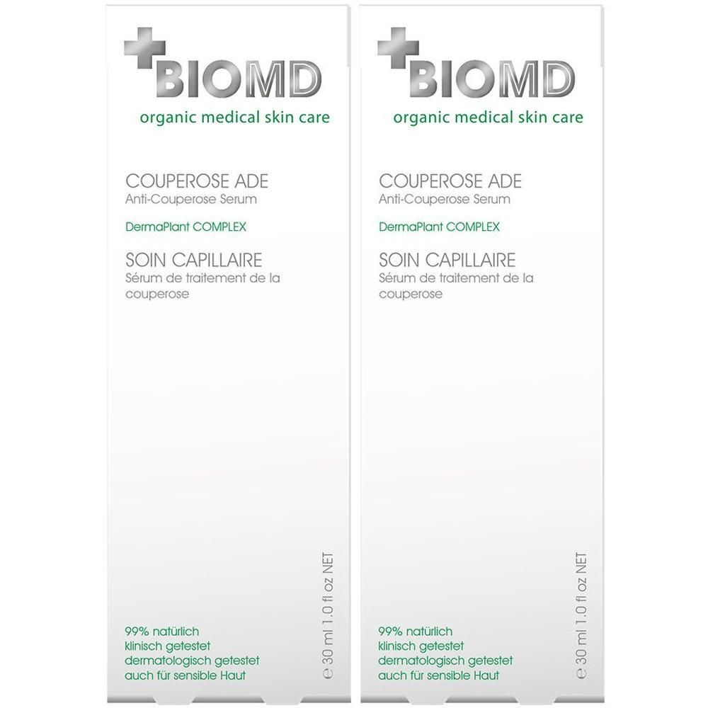 Zwei Packungen BIOMD Couperose Ade Serum. Weiße Verpackung mit grüner Schrift. Text: Couperose Ade, Soin Capillaire, 30 ml.