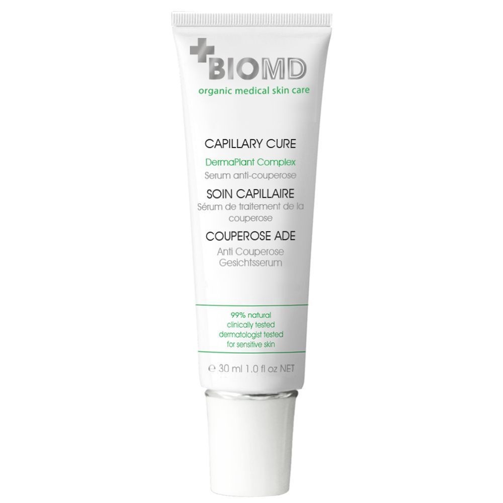 Tube BIOMD Couperose Ade Serum. Weißer Tube mit grüner Schrift. Text: Capillary Cure, Soin Capillaire, Couperose Ade, 30 ml.