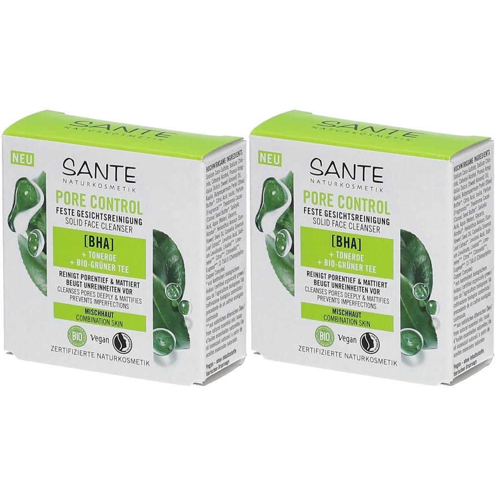 Zwei rechteckige Kartons. Aufschrift: PORE CONTROL, feste Gesichtsreinigung, BHA, grüner Tee. Vegan-Siegel. Zertifizierte Naturkosmetik.