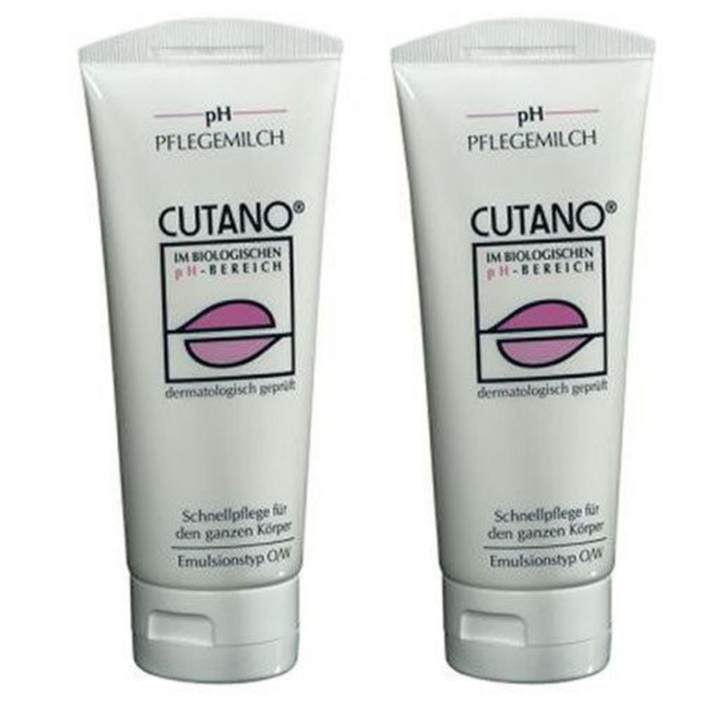 Zwei weiße Tuben mit Produktnamen und Logo. Text: pH Pflegemilch, Cutano, im biologischen pH-Bereich, dermatologisch geprüft.