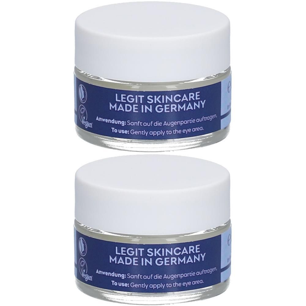 Zwei Cremetiegel mit weißen Deckeln. Blaue Etiketten mit Schriftzug: LEGIT SKINCARE MADE IN GERMANY. Vegan-Logo.