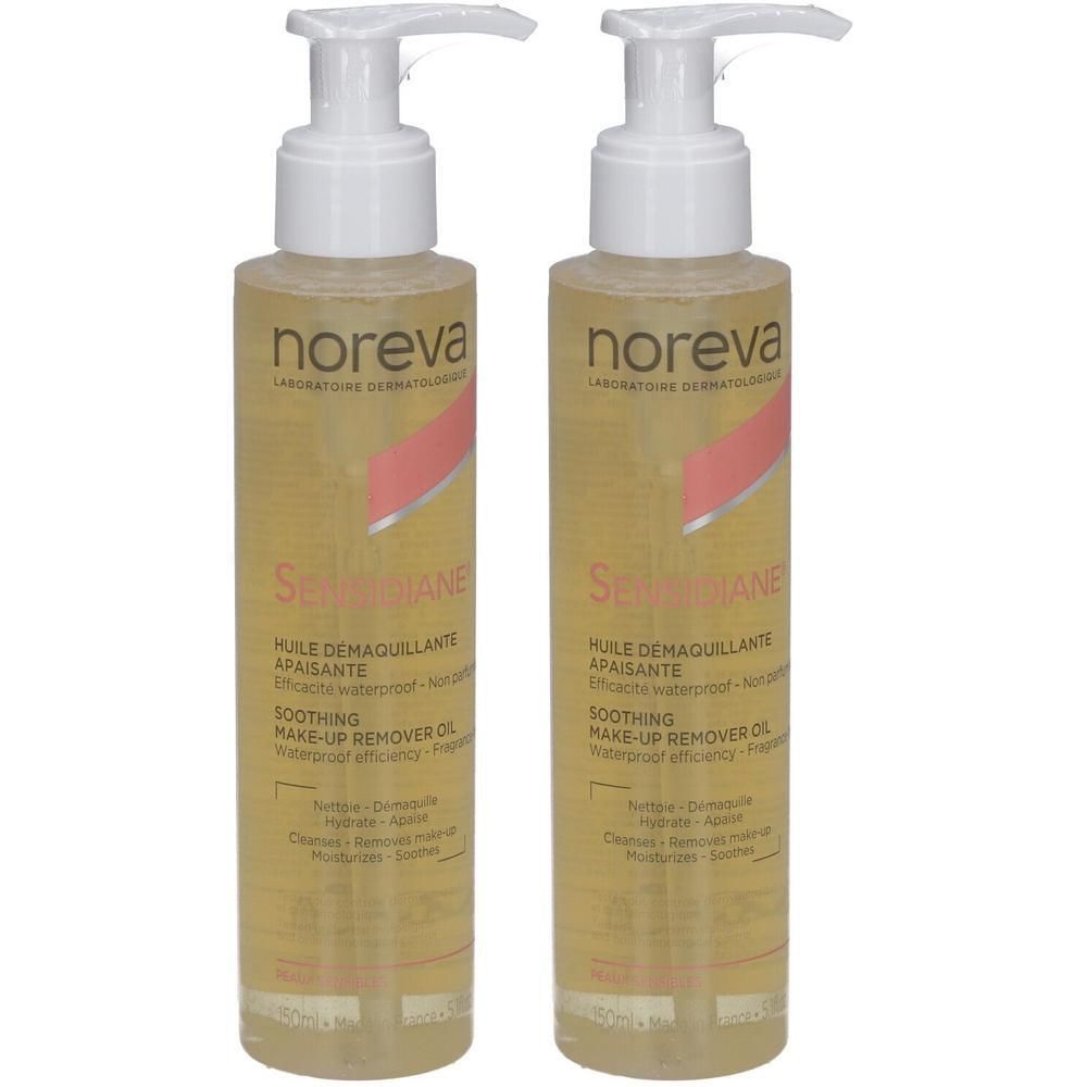 Zwei Flaschen mit weißem Pumpverschluss. Aufschrift: NOREVA, Sensidiane. Produktname und weitere Informationen auf den Etiketten.